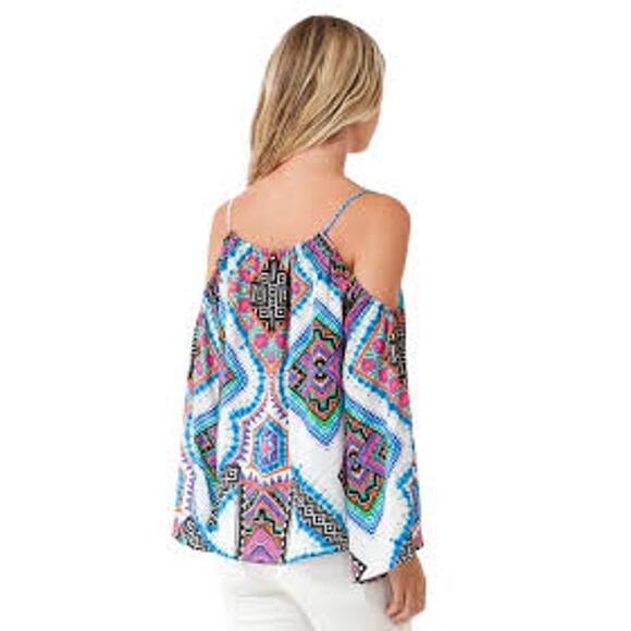 Hale Bob Fumiko Cold Shoulder Blouse Size Small Bell Sleeve Multicolor Boho - Picture 3 of 9